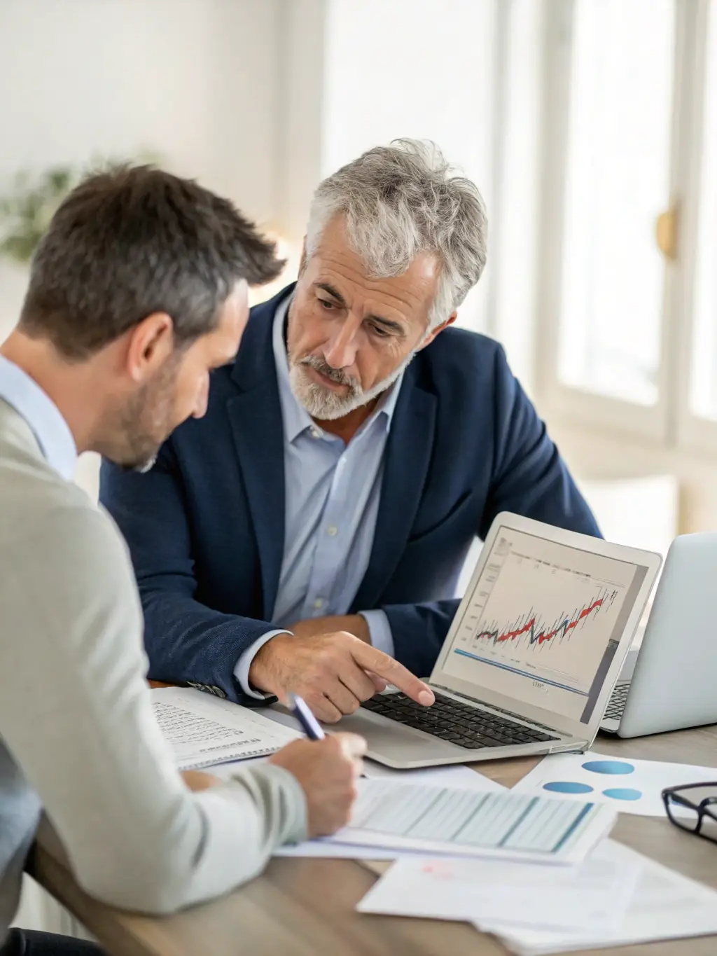 A financial advisor reviewing charts with a client, highlighting enhanced financial planning and risk management.
