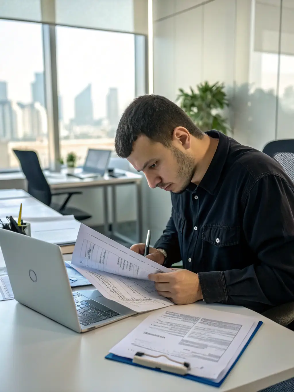 An image of a legal consultant reviewing visa documents with a client, with a U.S. flag in the background, representing E1E2 Visa Process Assistance.
