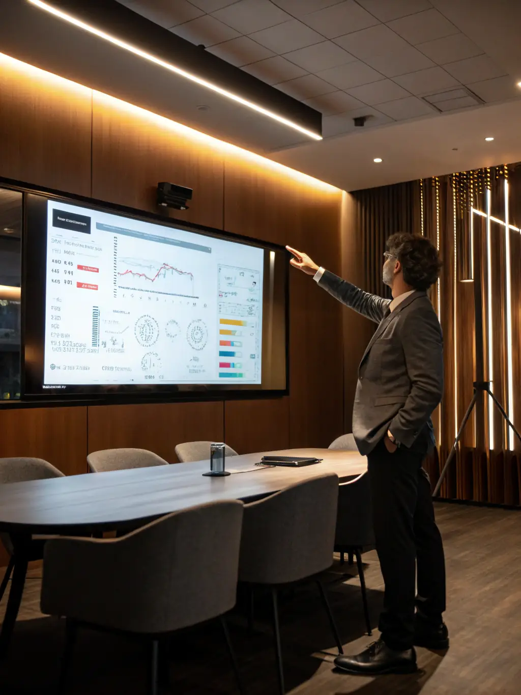 A professional consultant presenting strategic plans to a corporate team in a modern conference room, representing Management Consulting.