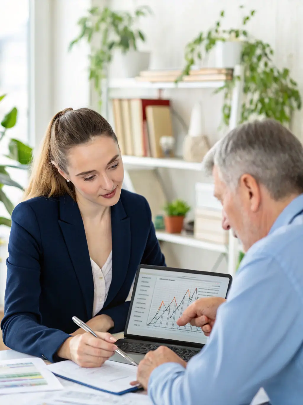 A financial advisor reviewing charts and financial data with a client in a professional office setting, illustrating Financial Advisory Services.