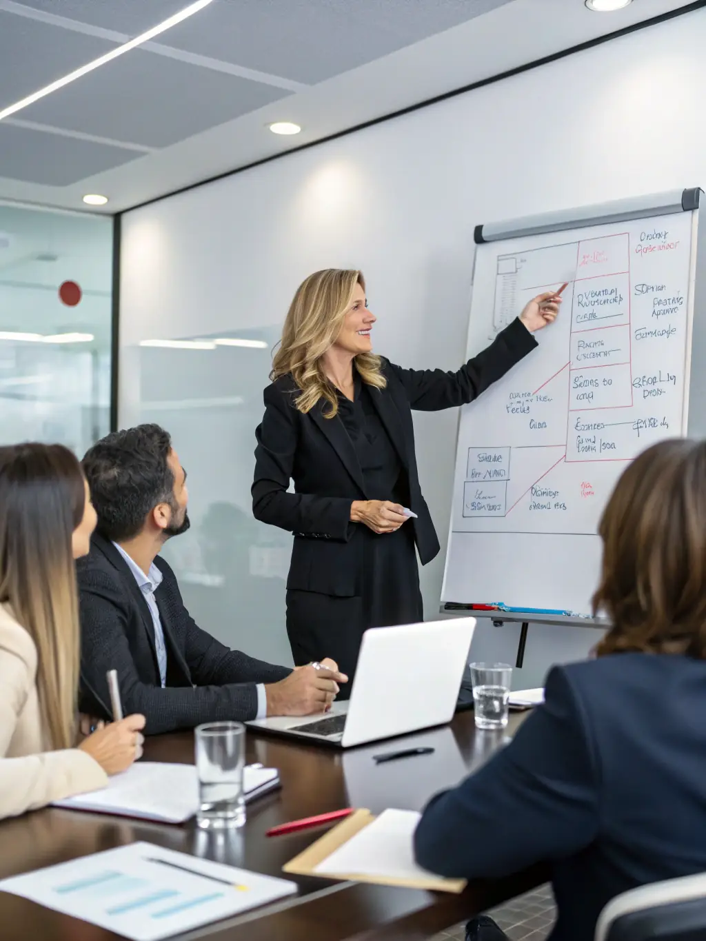 A consultant presenting strategic plans to a corporate team, emphasizing improved decision-making and leadership capabilities.