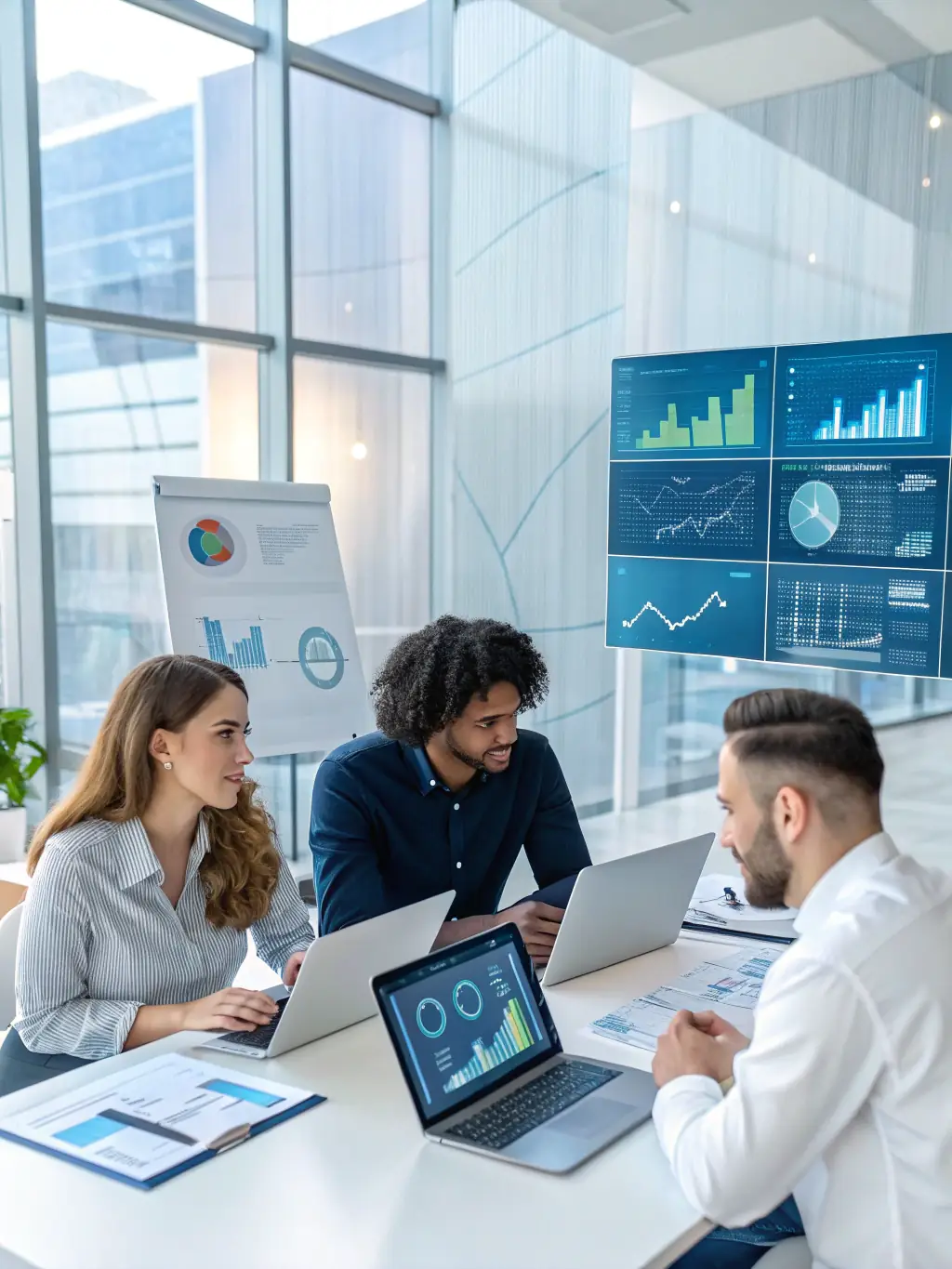 A dynamic business team collaborating on a digital transformation strategy, showcasing enhanced organizational agility.