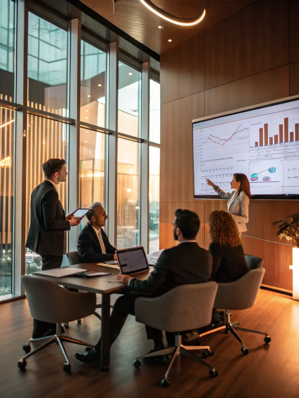 An image of a business team collaborating around a digital transformation plan on a large screen, symbolizing Business Transformation Consulting.