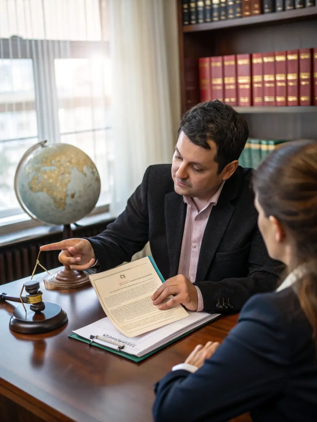 A legal consultant reviewing visa documents with a client, ensuring expert guidance through complex visa requirements.