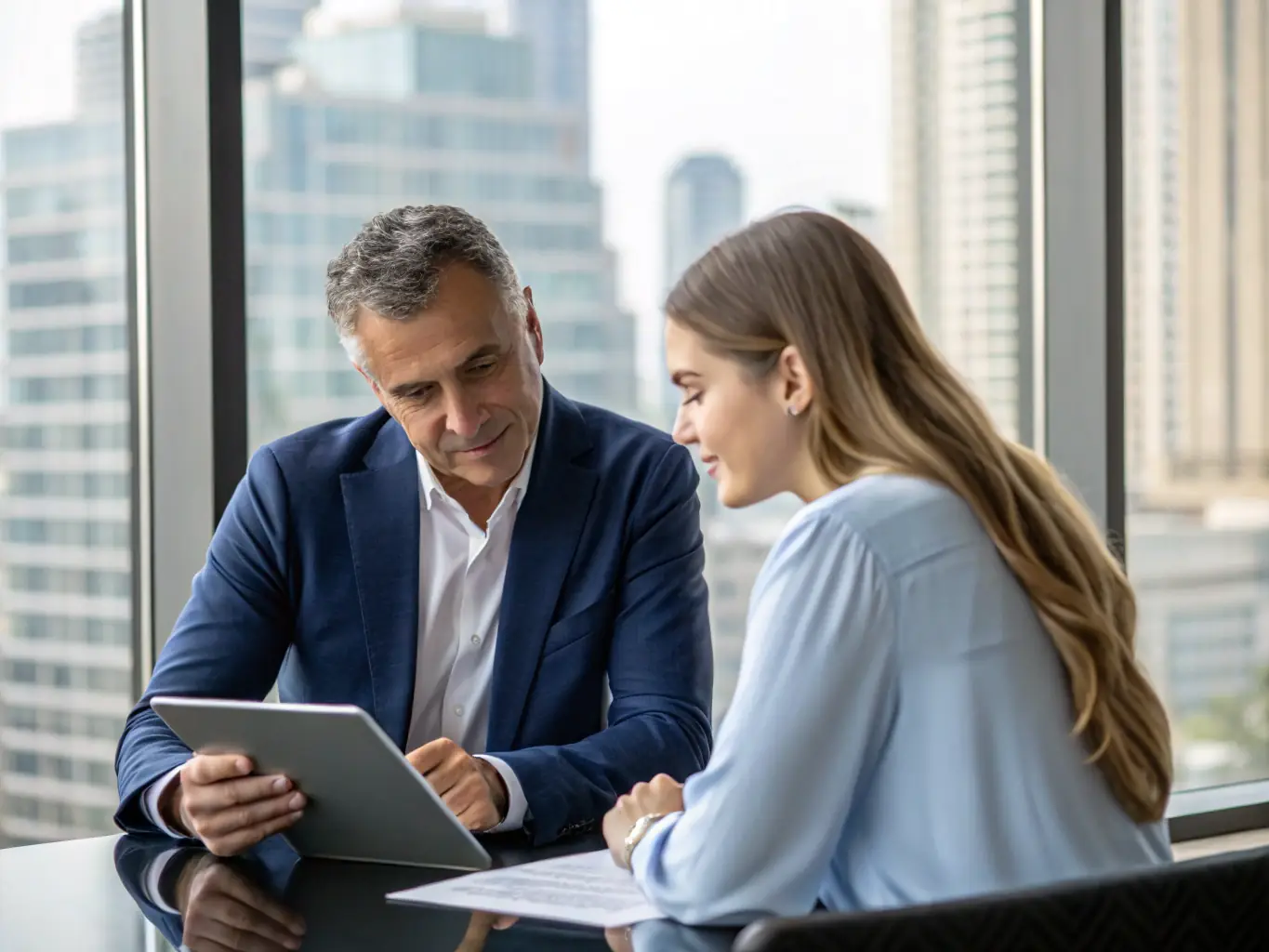 A consultant reviewing documents with a client, symbolizing the meticulous preparation involved in the E1E2 visa application process.